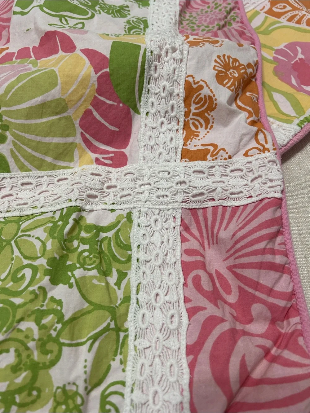 Lilly Pulitzer Patchwork Pillow Shams (2) Vibrant Pastel Floral With Lace Detail
